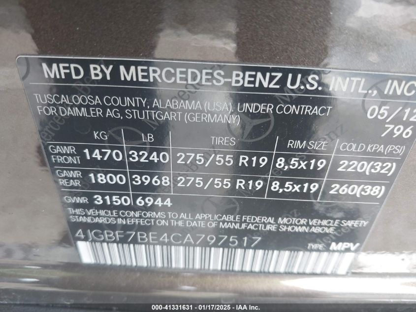 2012 Mercedes-Benz Gl 450 4Matic VIN: 4JGBF7BE4CA797517 Lot: 41331631