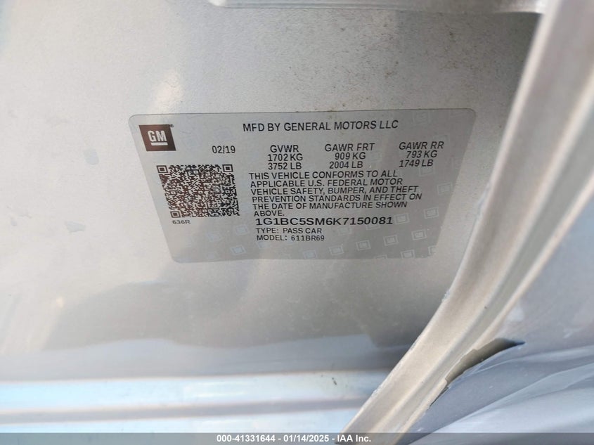 2019 CHEVROLET CRUZE VIN: 1G1BC5SM6K7150081