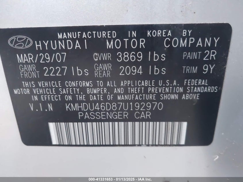 2007 HYUNDAI ELANTRA VIN: KMHDU46D87U192970