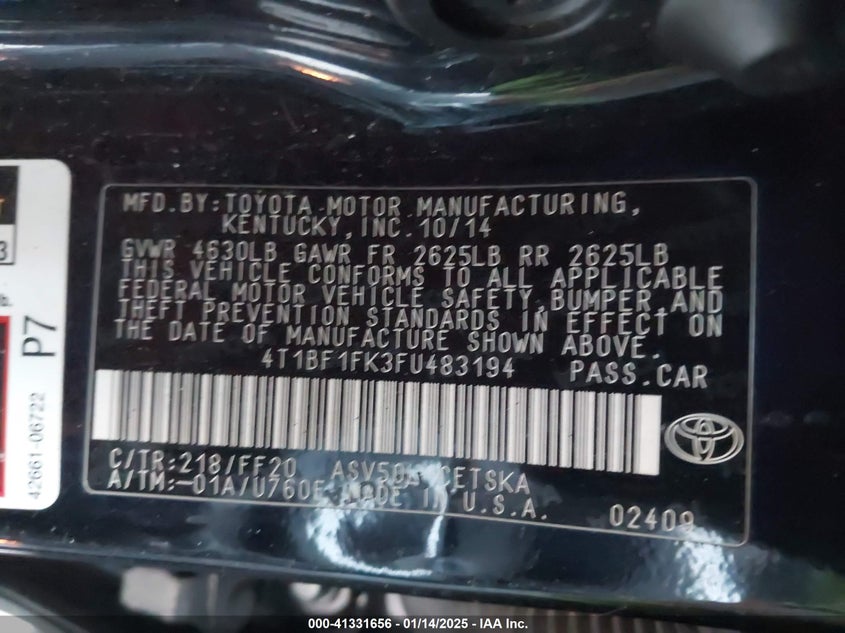 2015 TOYOTA CAMRY VIN: 4T1BF1FK3FU483194