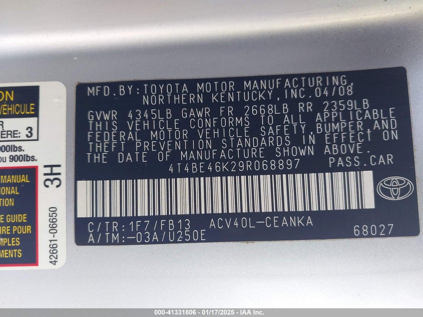 2009 TOYOTA CAMRY VIN: 4T4BE46K29R068897