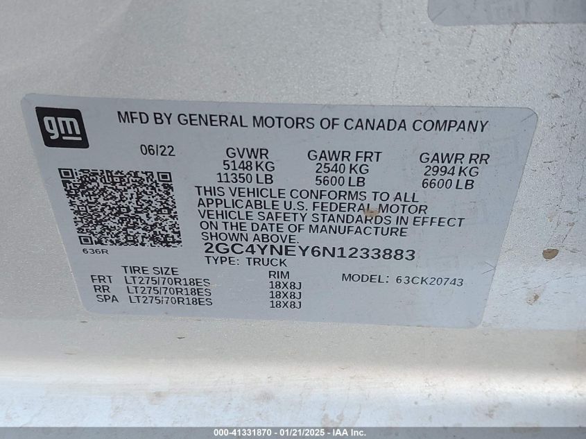 2022 Chevrolet Silverado 2500Hd 4Wd Standard Bed Lt VIN: 2GC4YNEY6N1233883 Lot: 41331870