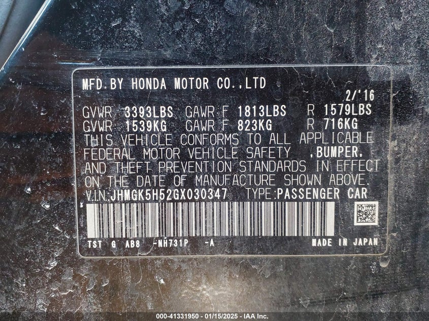 2016 HONDA FIT LX - JHMGK5H52GX030347