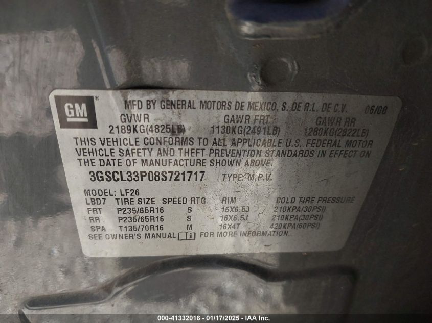 2008 Saturn Vue 4-Cyl Xe VIN: 3GSCL33P08S721717 Lot: 41332016