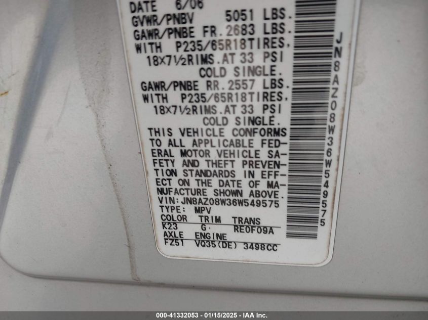 2006 Nissan Murano S VIN: JN8AZ08W36W549575 Lot: 41332053