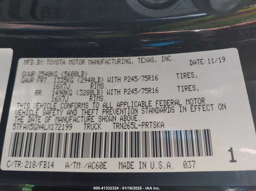 2020 TOYOTA TACOMA VIN: 5TFAX5GN4LX172199