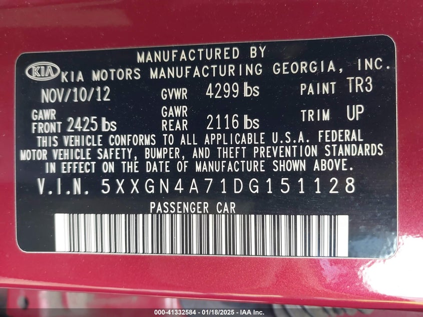 2013 Kia Optima Ex VIN: 5XXGN4A71DG151128 Lot: 41332584