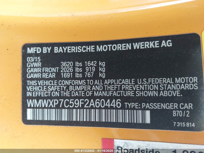 2015 MINI HARDTOP VIN: WMWXP7C59F2A60446