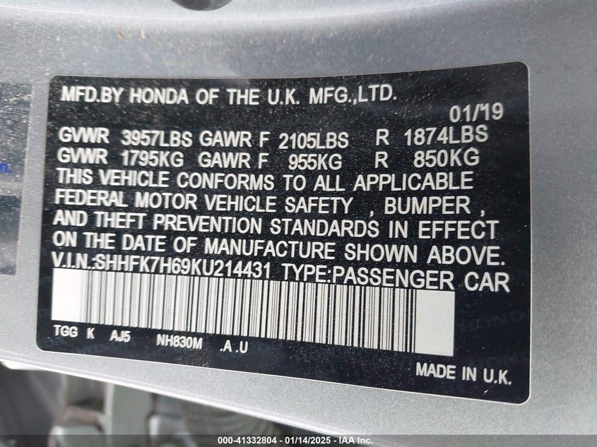2019 HONDA CIVIC VIN: SHHFK7H69KU214431