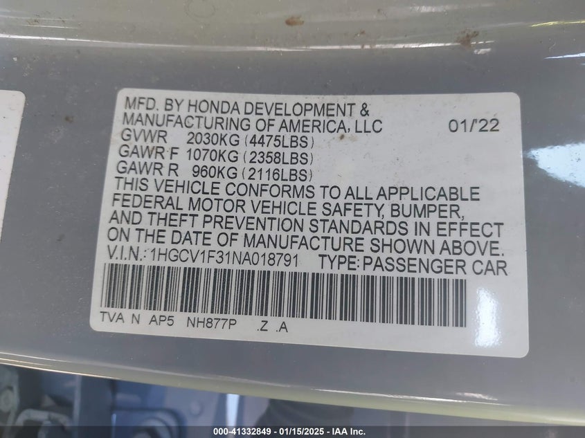 2022 HONDA ACCORD VIN: 1HGCV1F31NA018791