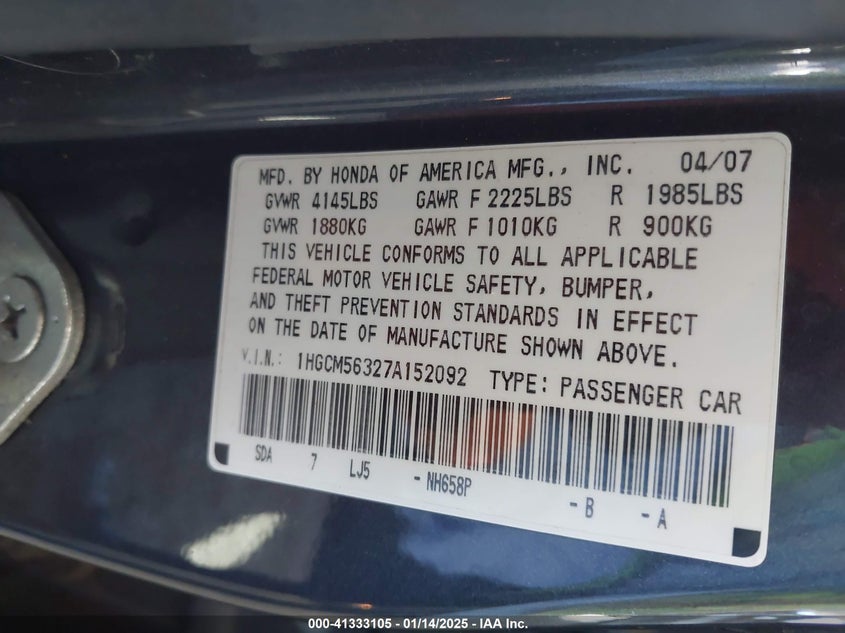 2007 HONDA ACCORD VIN: 1HGCM56327A152092