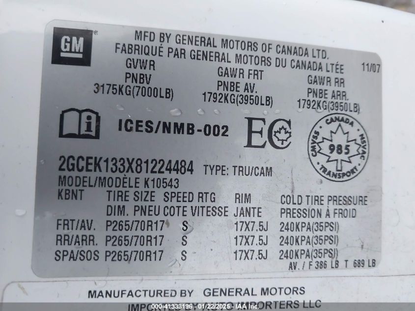 2008 Chevrolet Silverado 1500 Lt1/Lt2/Ltz/Work Truck VIN: 2GCEK133X81224484 Lot: 41333196
