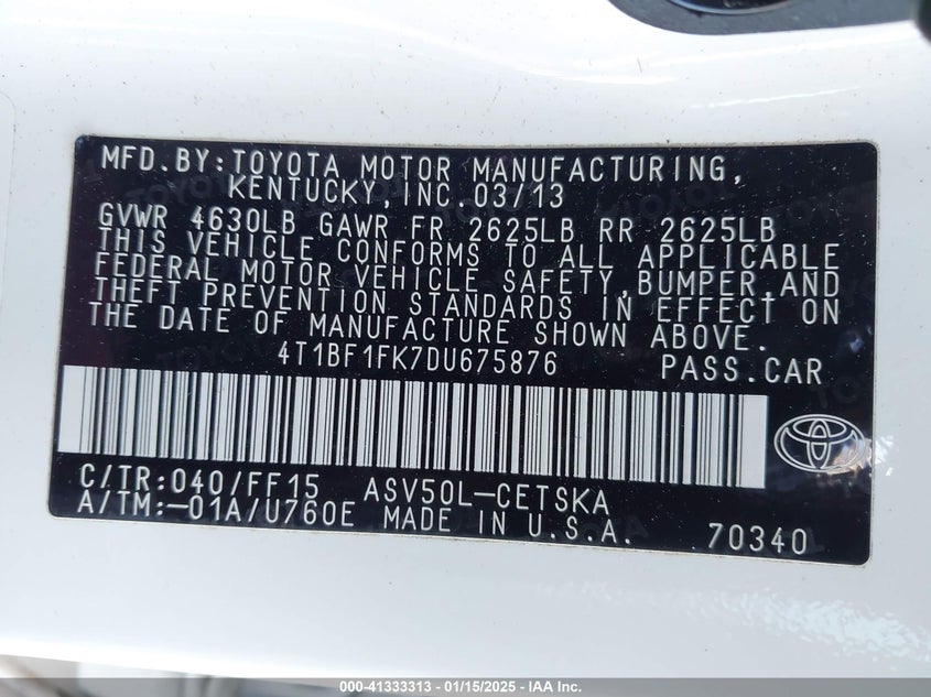 2013 TOYOTA CAMRY VIN: 4T1BF1FK7DU675876