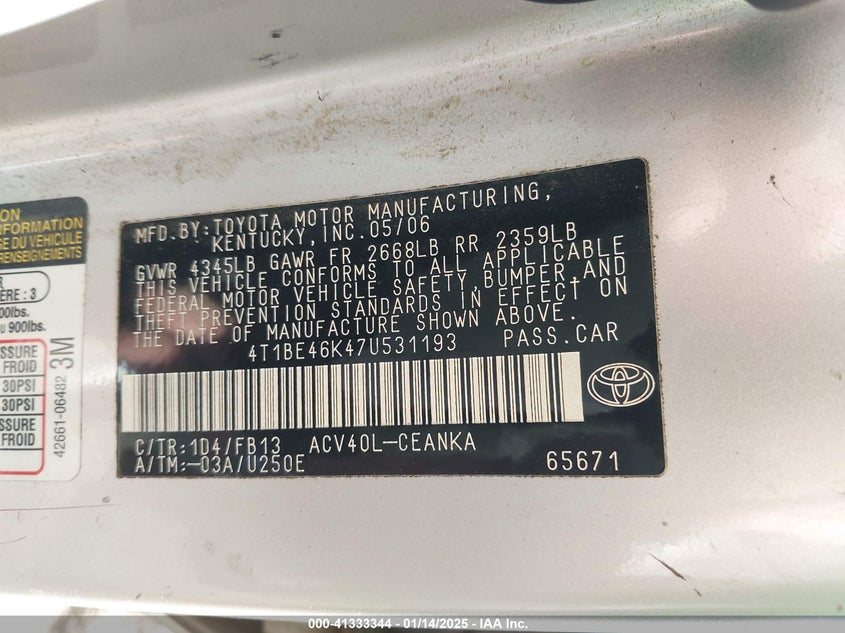 2007 TOYOTA CAMRY VIN: 4T1BE46K47U531193