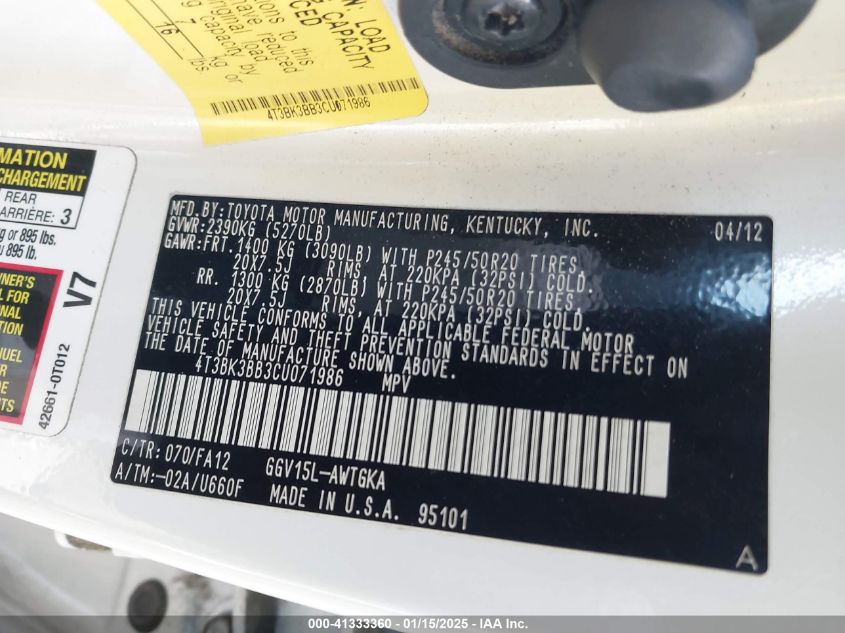 2012 Toyota Venza Le V6 VIN: 4T3BK3BB3CU071986 Lot: 41333360