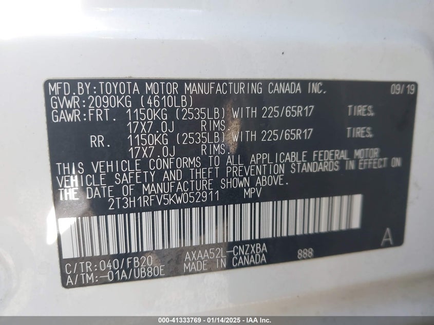 2019 TOYOTA RAV4 LE - 2T3H1RFV5KW052911