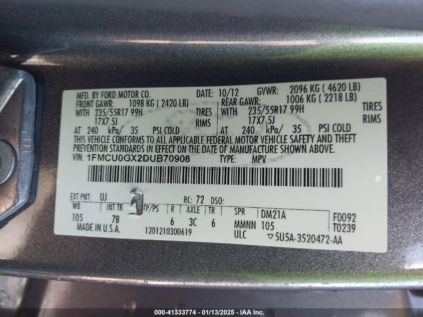 VIN 1FMCU0GX2DUB70908 2013 FORD ESCAPE no.9