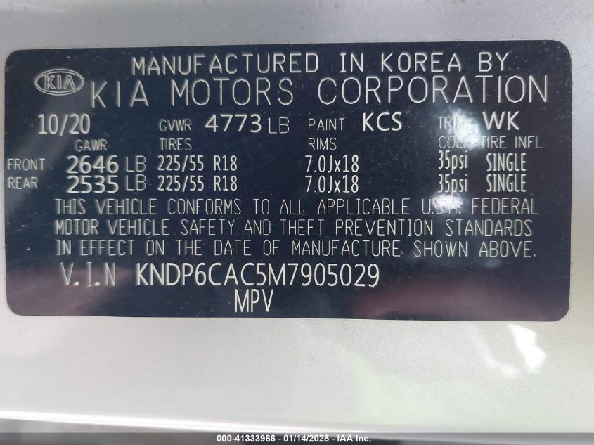 VIN KNDP6CAC5M7905029 2021 KIA Sportage, S no.9