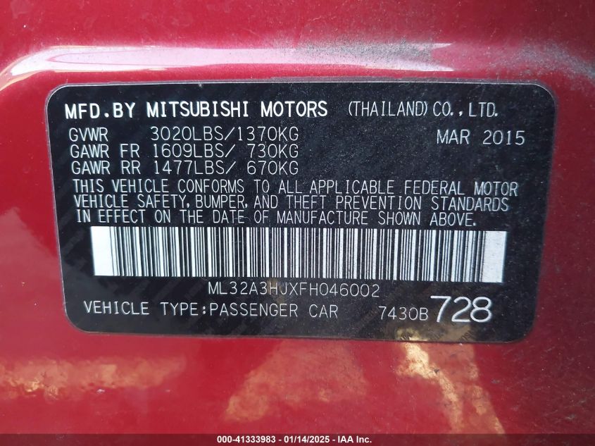 VIN ML32A3HJXFH046002 2015 MITSUBISHI MIRAGE no.9