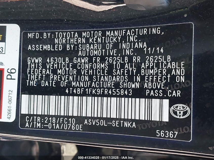 VIN 4T4BF1FK9FR455843 2015 TOYOTA CAMRY no.9