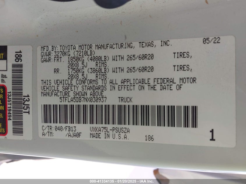 2022 TOYOTA TUNDRA VIN: 5TFLA5DB7NX030937