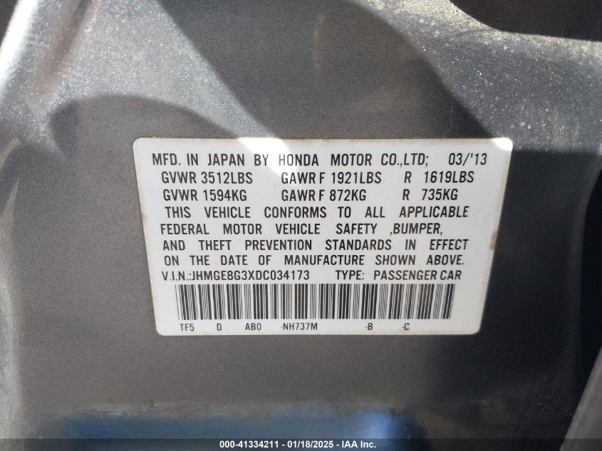 VIN JHMGE8G3XDC034173 2013 Honda Fit no.9