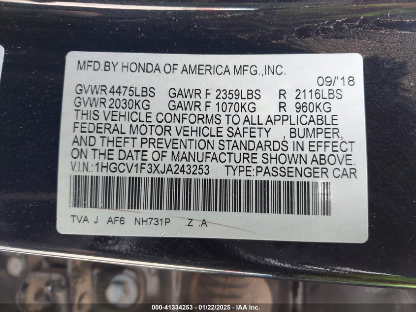 2018 HONDA ACCORD VIN: 1HGCV1F3XJA243253