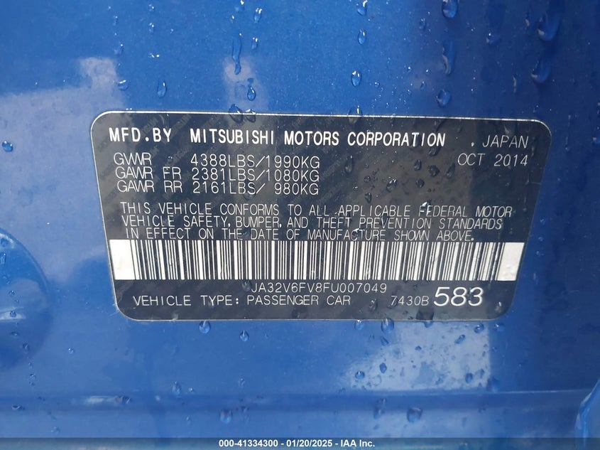 2015 MITSUBISHI LANCER VIN: JA32V6FV8FU007049