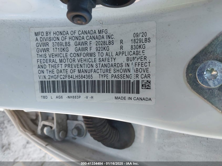 2020 Honda Civic Sport VIN: 2HGFC2F84LH584365 Lot: 41334484