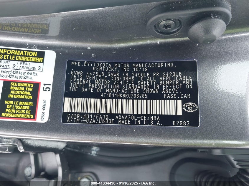 2019 TOYOTA CAMRY VIN: 4T1B11HK8KU706285