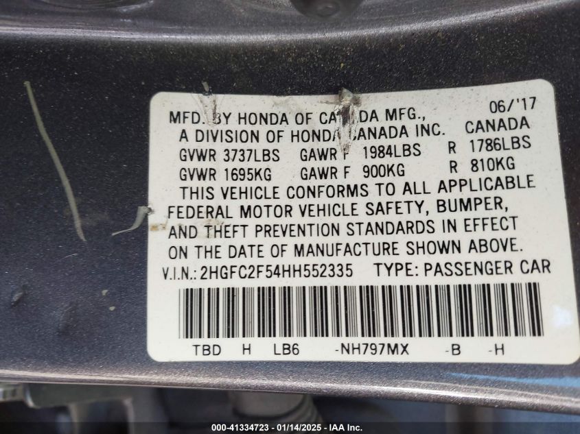 VIN 2HGFC2F54HH552335 2017 HONDA CIVIC no.9