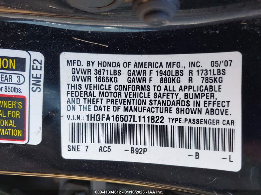 2007 Honda Civic Lx VIN: 1HGFA16507L111822 Lot: 41334812