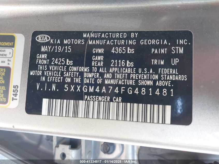 VIN 5XXGM4A74FG481481 2015 KIA Optima, LX no.9