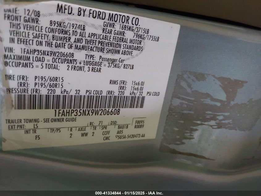 2007 Ford Focus S/Se/Ses VIN: 1FAHP37N97W339273 Lot: 41334844