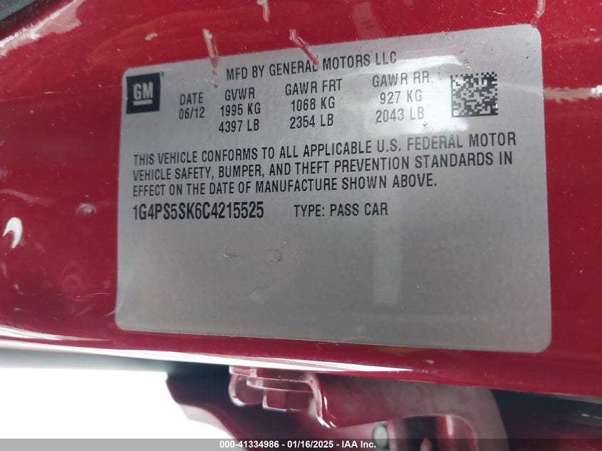 2012 BUICK VERANO VIN: 1G4PS5SK6C4215525