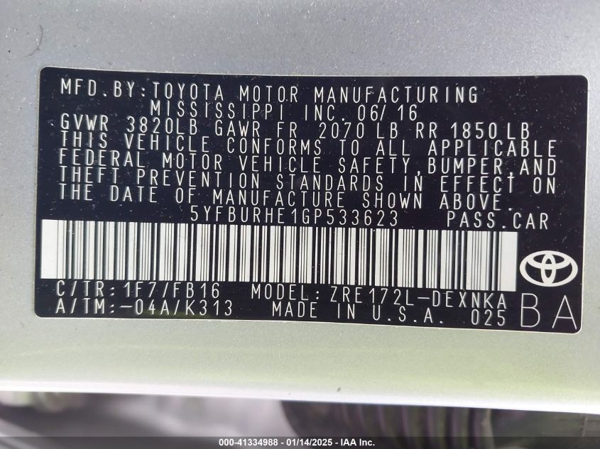 2016 Toyota Corolla Le VIN: 5YFBURHE1GP533623 Lot: 41334988