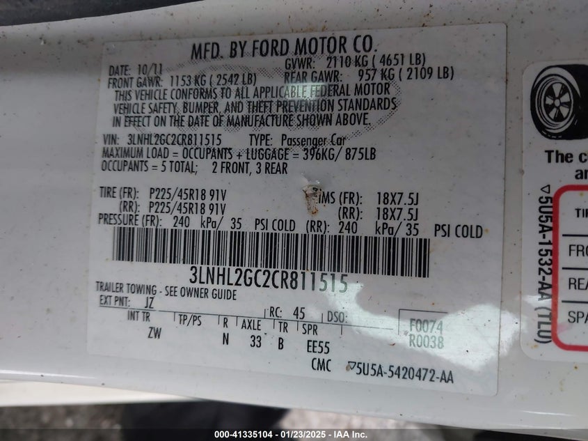 2012 LINCOLN MKZ VIN: 3LNHL2GC2CR811515