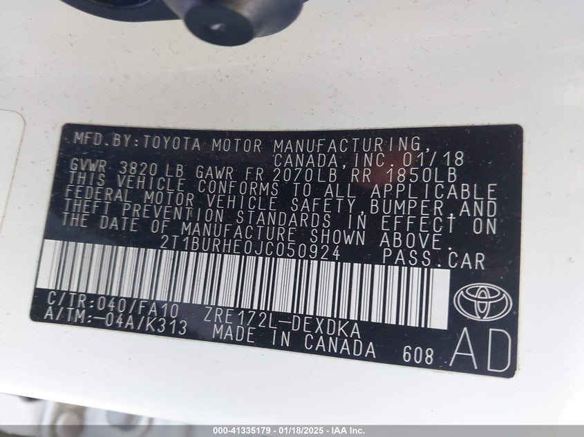 2018 TOYOTA COROLLA L - 2T1BURHE0JC050924