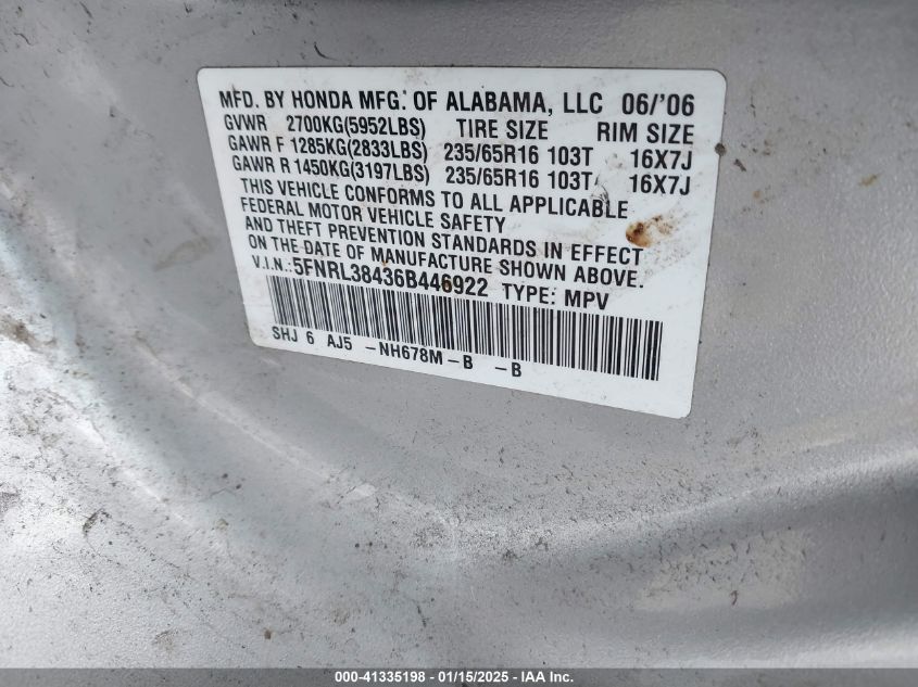 2006 Honda Odyssey Ex VIN: 5FNRL38436B446922 Lot: 41335198