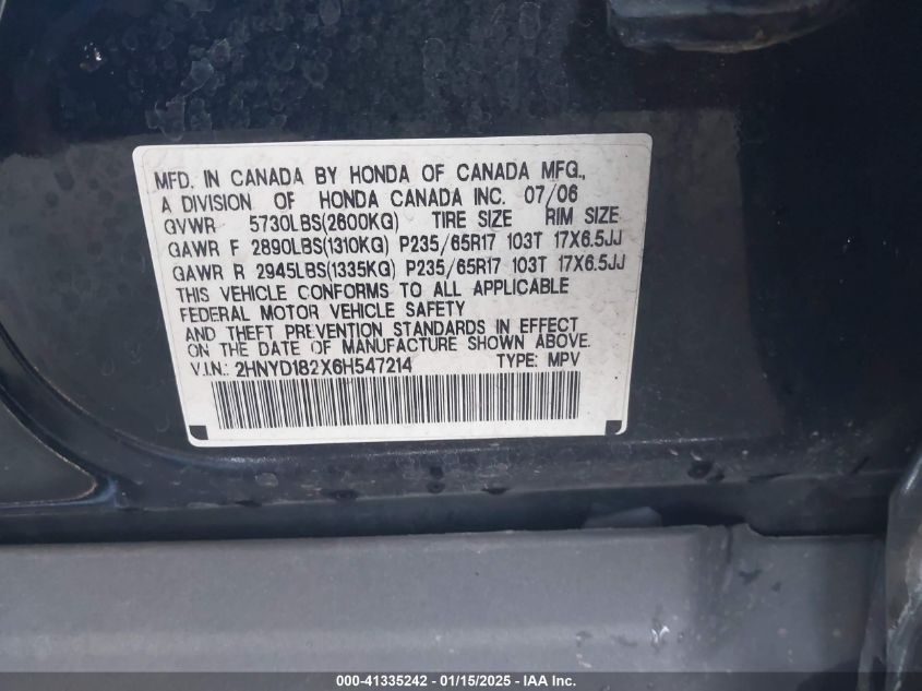 2006 Acura Mdx VIN: 2HNYD182X6H547214 Lot: 41335242