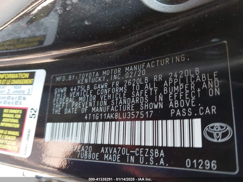 2020 TOYOTA CAMRY VIN: 4T1G11AK8LU357517