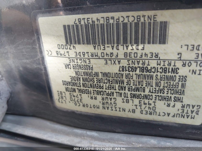 2011 NISSAN VERSA VIN: 3N1BC1CP6BL493187