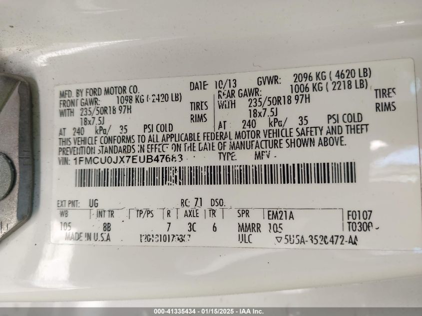 2014 Ford Escape Titanium VIN: 1FMCU0JX7EUB47683 Lot: 41335434