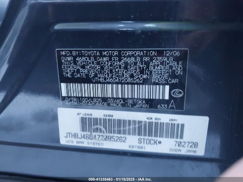 2007 Lexus Es 350 VIN: JTHBJ46G472085262 Lot: 41335463