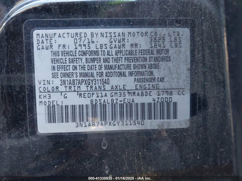 2016 NISSAN SENTRA VIN: 3N1AB7APXGY311540