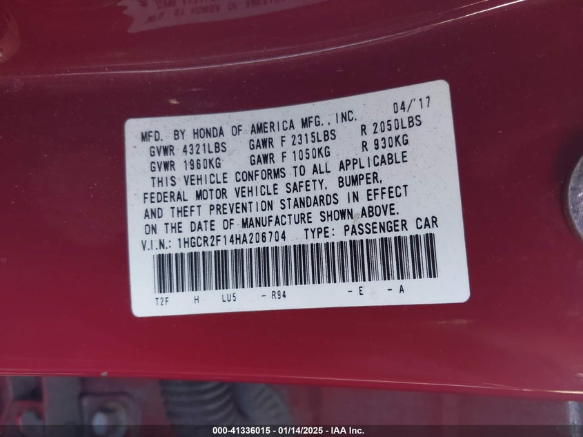 2017 HONDA ACCORD VIN: 1HGCR2F14HA206704