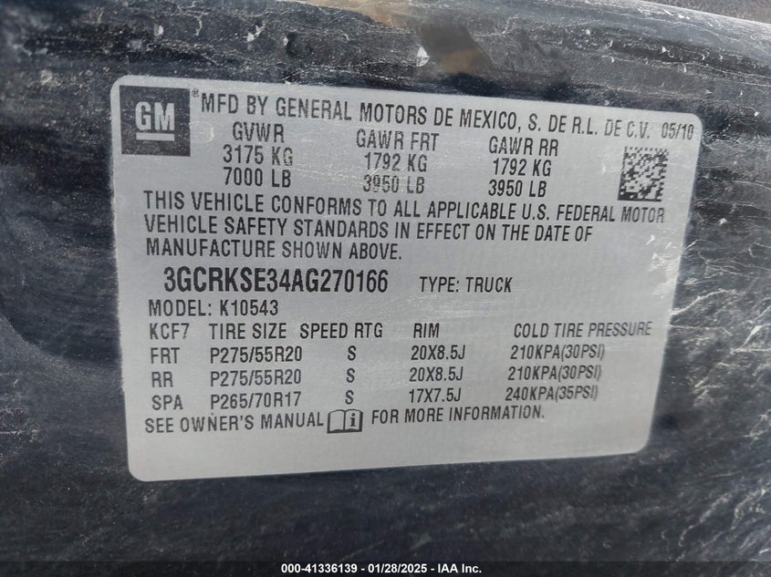 2010 CHEVROLET SILVERADO 1500 VIN: 3GCRKSE34AG270166