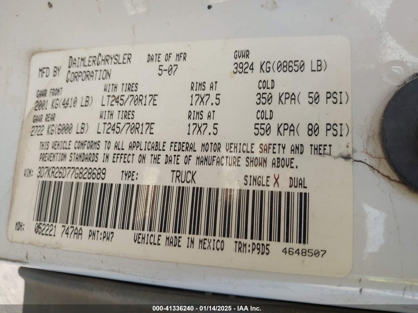 2007 DODGE RAM 2500 VIN: 3D7KR26D77G828689
