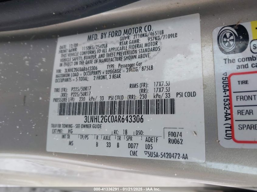 2010 Lincoln Mkz VIN: 3LNHL2GCOAR643306 Lot: 41336291