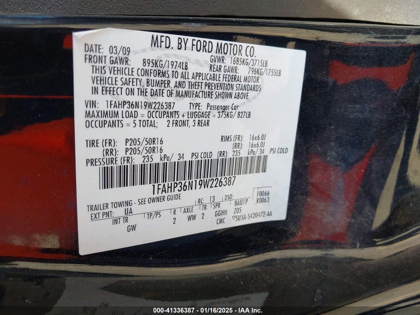 2009 FORD FOCUS VIN: 1FAHP36N19W226387